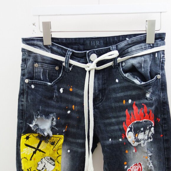 THRT Streetwear Graphic Paint Splatter Skinny Distressed Y2K Denim Jeans(30) - Picture 3 of 12